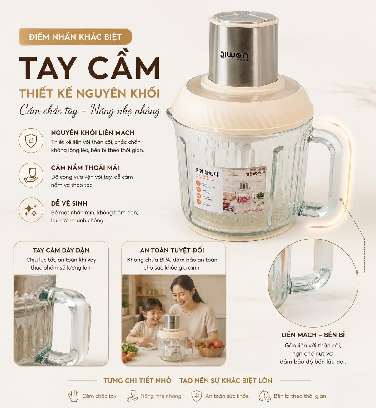 Cối thủy tinh 2L có tay cầm máy xay đa năng JIWON JWD-F25